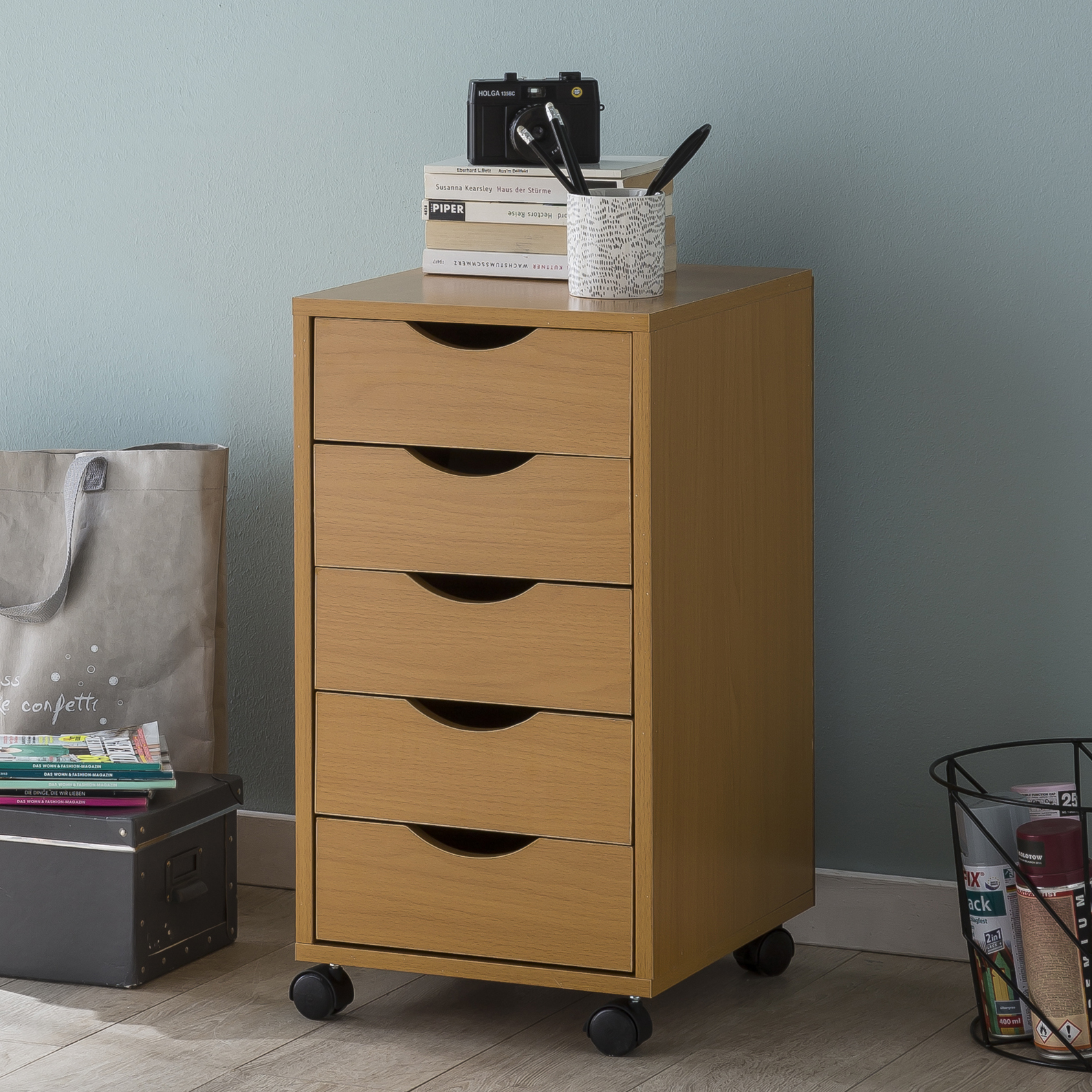 FineBuy Kinder Rollcontainer 33 x 64 x 38 cm Holz 5 Schubladen, Moderner Schubladencontainer mit Rollen, Standcontainer Bürocontainer, Rollwagen Kinderzimmer, Container Aufbewahrungsschrank | Farbe: Braun