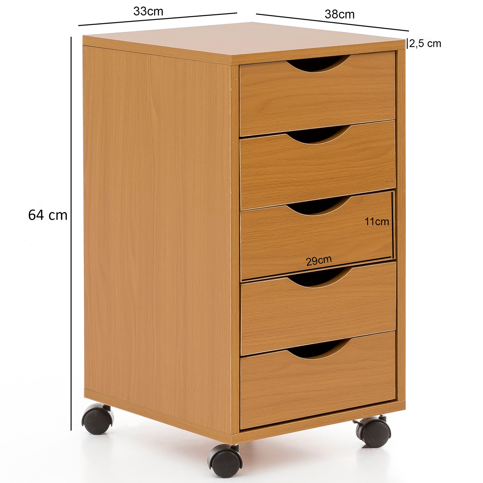 FineBuy Kinder Rollcontainer 33 x 64 x 38 cm Holz 5 Schubladen, Moderner Schubladencontainer mit Rollen, Standcontainer Bürocontainer, Rollwagen Kinderzimmer, Container Aufbewahrungsschrank | Farbe: Braun
