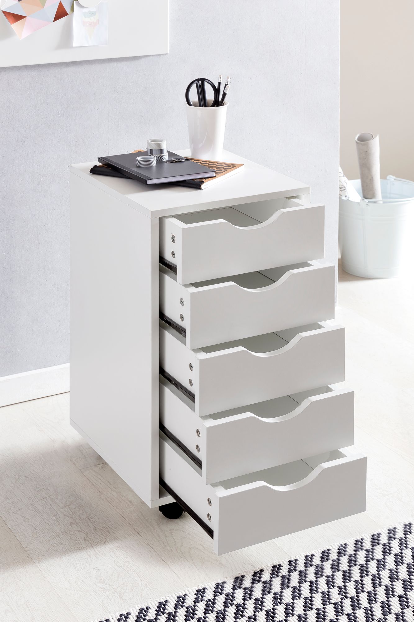 FineBuy Kinder Rollcontainer 33 x 64 x 38 cm Holz 5 Schubladen, Moderner Schubladencontainer mit Rollen, Standcontainer Bürocontainer, Rollwagen Kinderzimmer, Container Aufbewahrungsschrank | Farbe: Grau