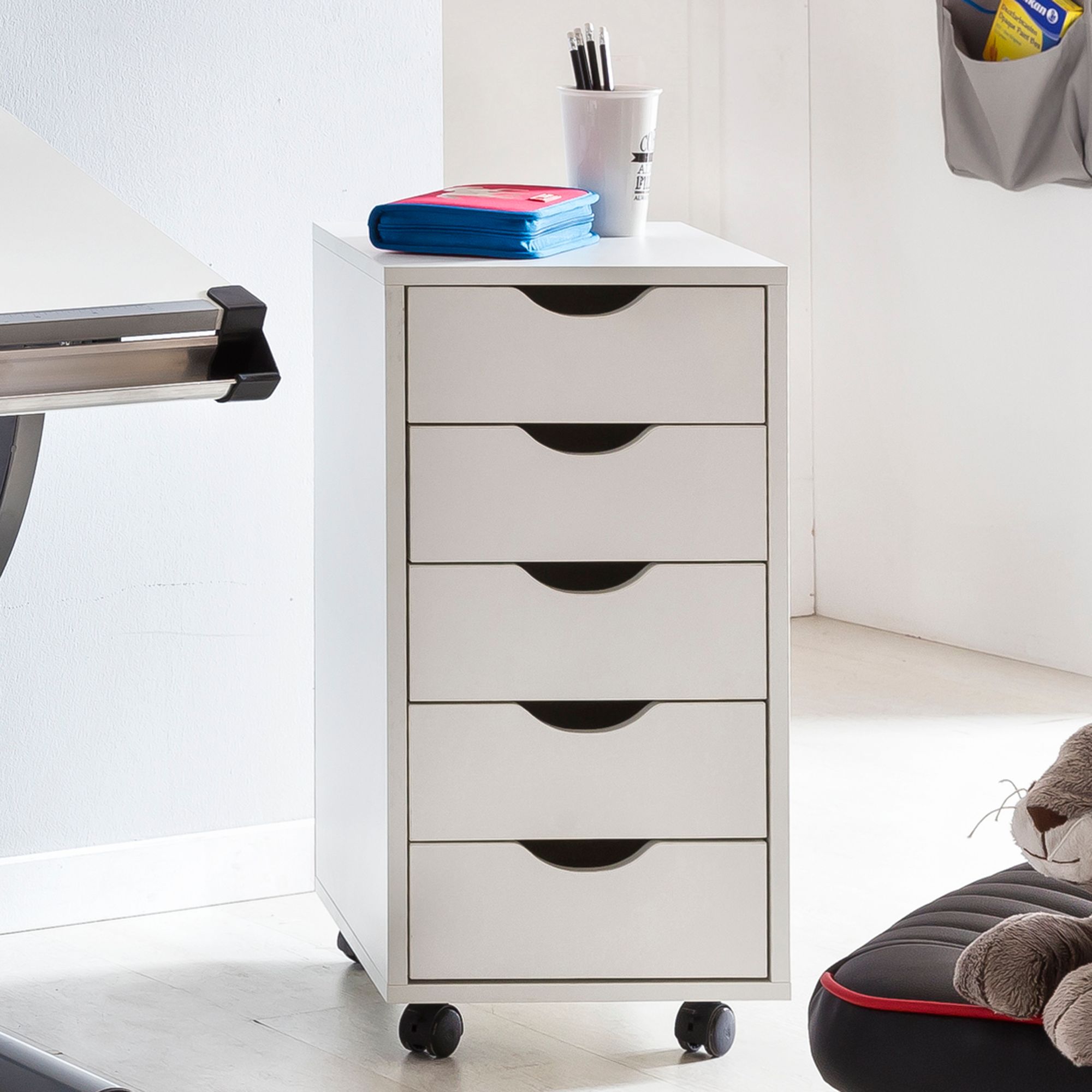 FineBuy Kinder Rollcontainer 33 x 64 x 38 cm Holz 5 Schubladen, Moderner Schubladencontainer mit Rollen, Standcontainer Bürocontainer, Rollwagen Kinderzimmer, Container Aufbewahrungsschrank | Farbe: Grau