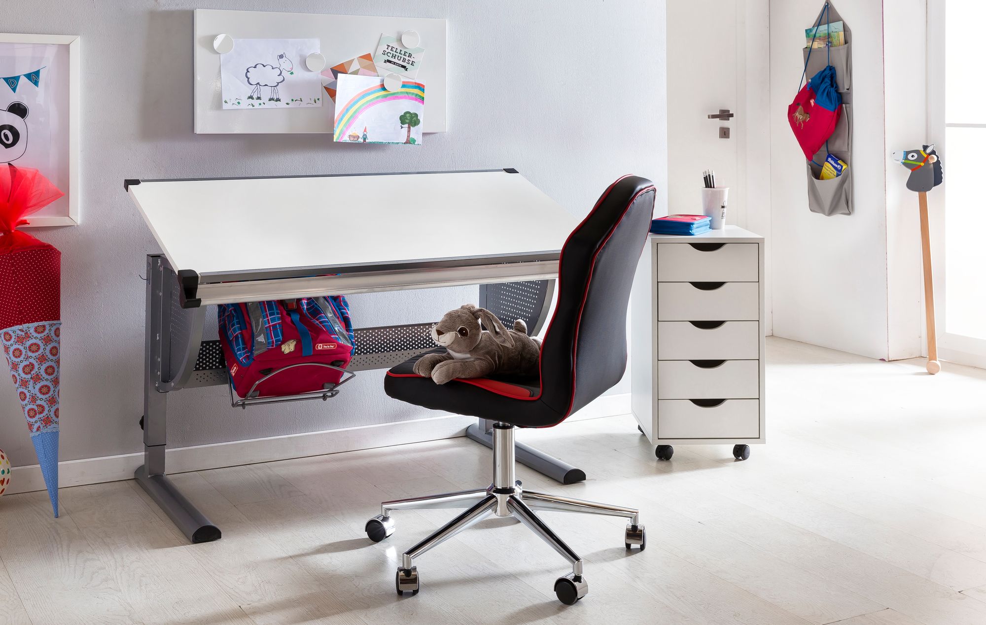 FineBuy Kinder Rollcontainer 33 x 64 x 38 cm Holz 5 Schubladen, Moderner Schubladencontainer mit Rollen, Standcontainer Bürocontainer, Rollwagen Kinderzimmer, Container Aufbewahrungsschrank | Farbe: Grau