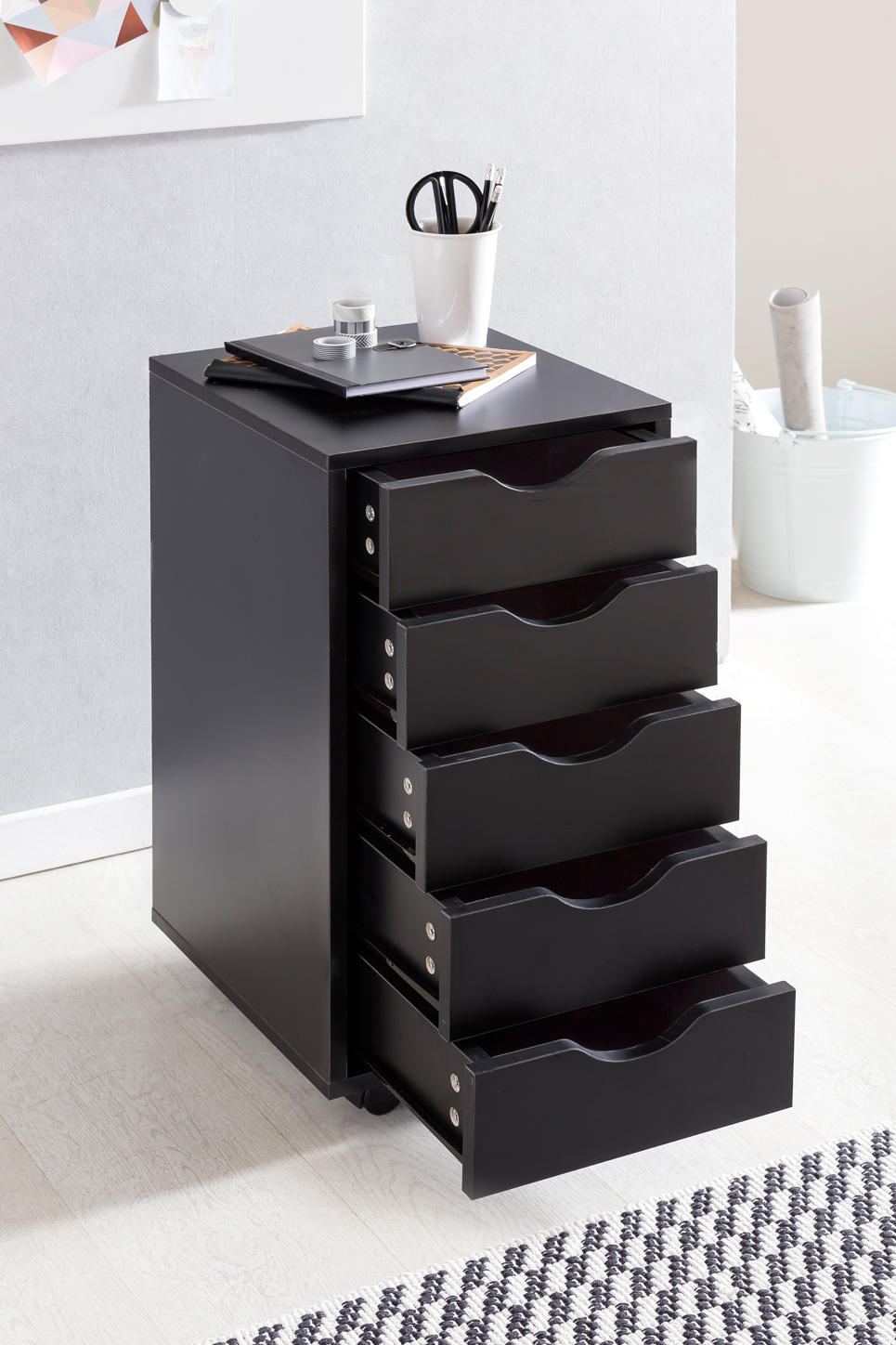 FineBuy Kinder Rollcontainer 33 x 64 x 38 cm Holz 5 Schubladen, Moderner Schubladencontainer mit Rollen, Standcontainer Bürocontainer, Rollwagen Kinderzimmer, Container Aufbewahrungsschrank | Farbe: Braun