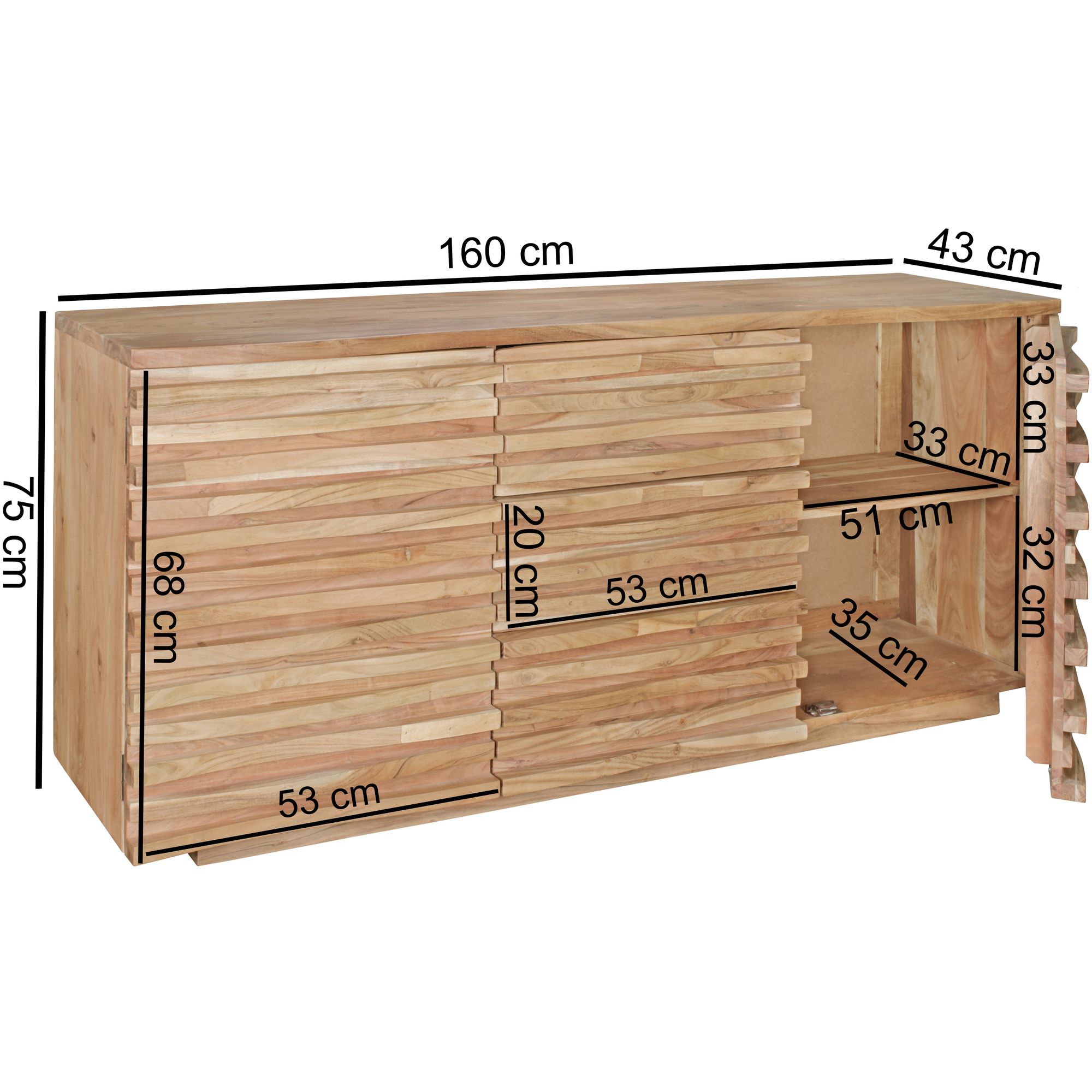 Massivholz Sideboard 160 Akazie Natur Kommode mit 2 Türen & 3 Schubladen Design Front – Ansicht 3