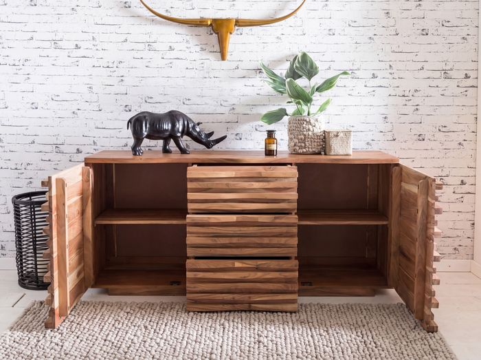 FineBuy Sideboard 160 x 75 x 43 cm Massiv-Holz Akazie Natur Baumkante Anrichte, Landhaus-Stil Kommode mit Schubladen & Türen, Flur Schrank Standschrank