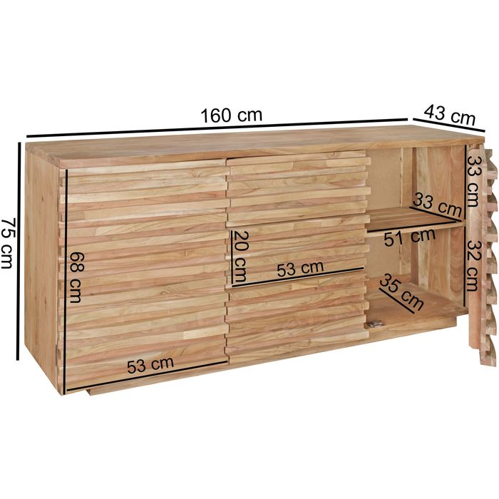 Massivholz Sideboard 160 Akazie Natur Kommode mit 2 Türen & 3 Schubladen Design Front – Maßzeichnung