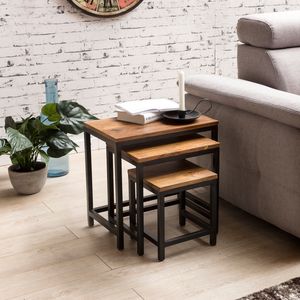 FB46128 FineBuy 3er Set Design Beistelltisch Sheesham Satztisch Metallbeine, Tischset 3 teilig Materialmix, Couchtisch aus Massivholz 4250950271487