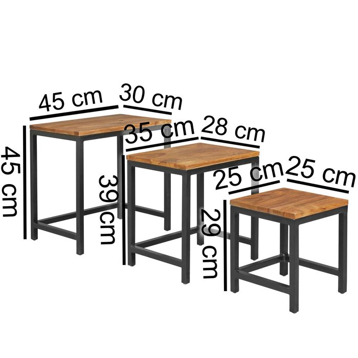 3er Set Beistelltisch Sheesham Satztisch Massivholz Couchtisch Metallbeine – Maßzeichnung
