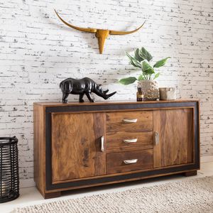 FineBuy Sideboard Sheesham Massiv Holz 160 x 80 x 44 cm mit Kunstleder, Kommode mit Türen & Schubladen, Massive Design Anrichte, Massivholz Schrank 4250950273214