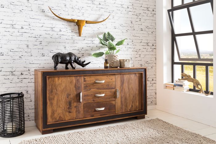 FineBuy Sideboard Sheesham Massiv Holz 160 x 80 x 44 cm mit Kunstleder, Kommode mit Türen & Schubladen, Massive Design Anrichte, Massivholz Schrank 4250950273214