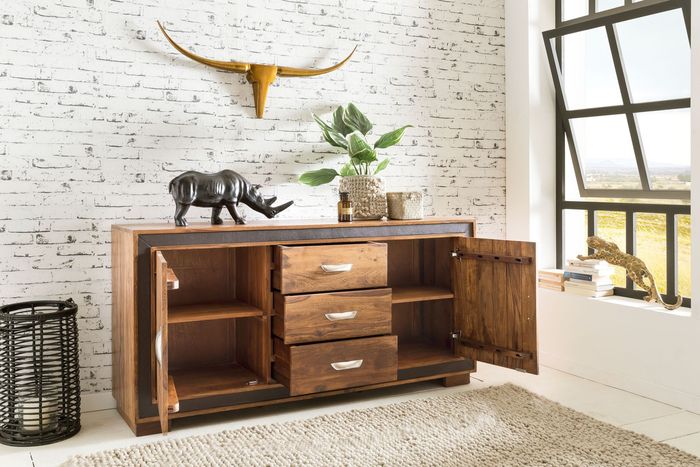 FineBuy Sideboard Sheesham Massiv Holz 160 x 80 x 44 cm mit Kunstleder, Kommode mit Türen & Schubladen, Massive Design Anrichte, Massivholz Schrank 4250950273214