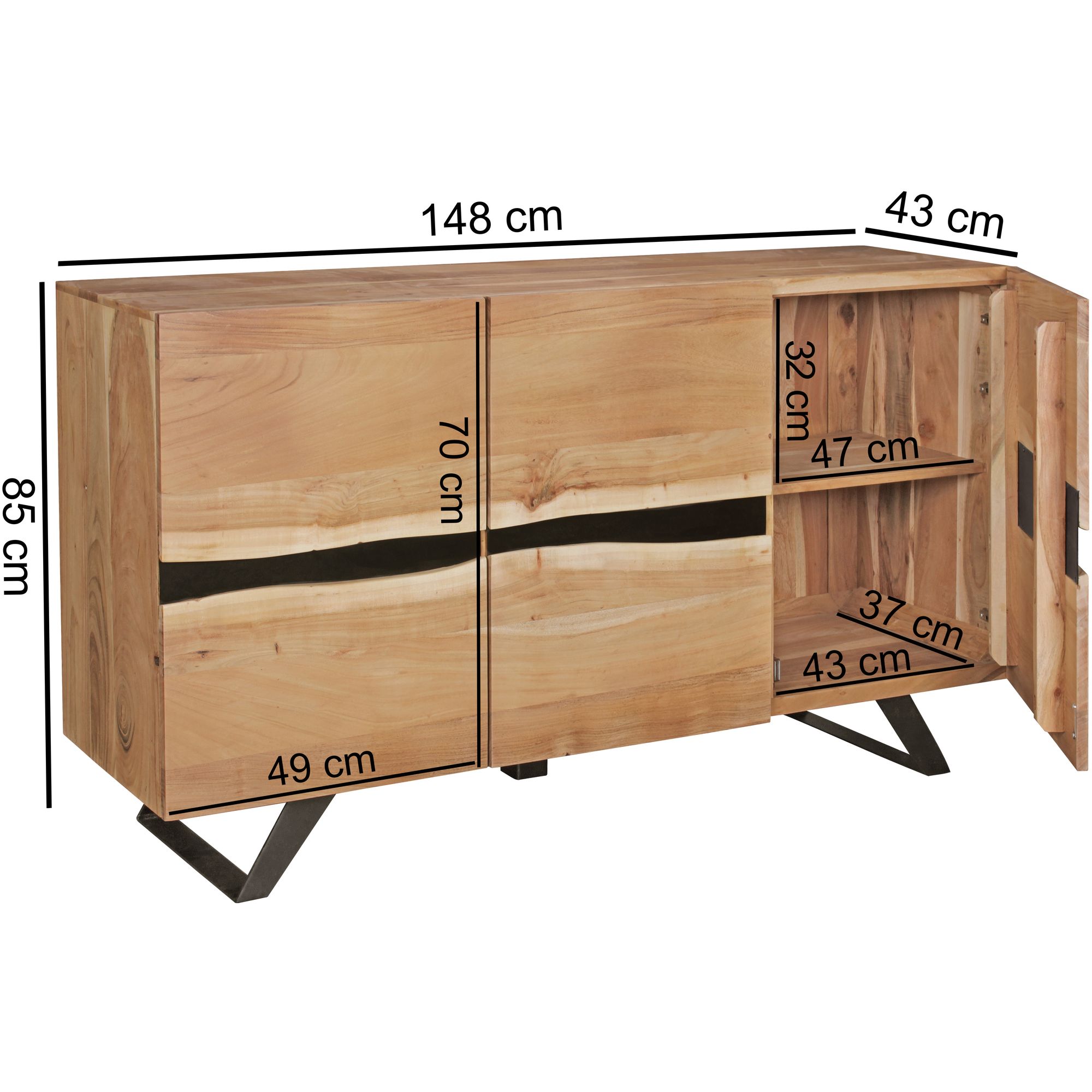 Massivholz Sideboard 150cm Akazie Natur Kommode mit 3 Türen Baumkante Metall schwarz – Ansicht 3