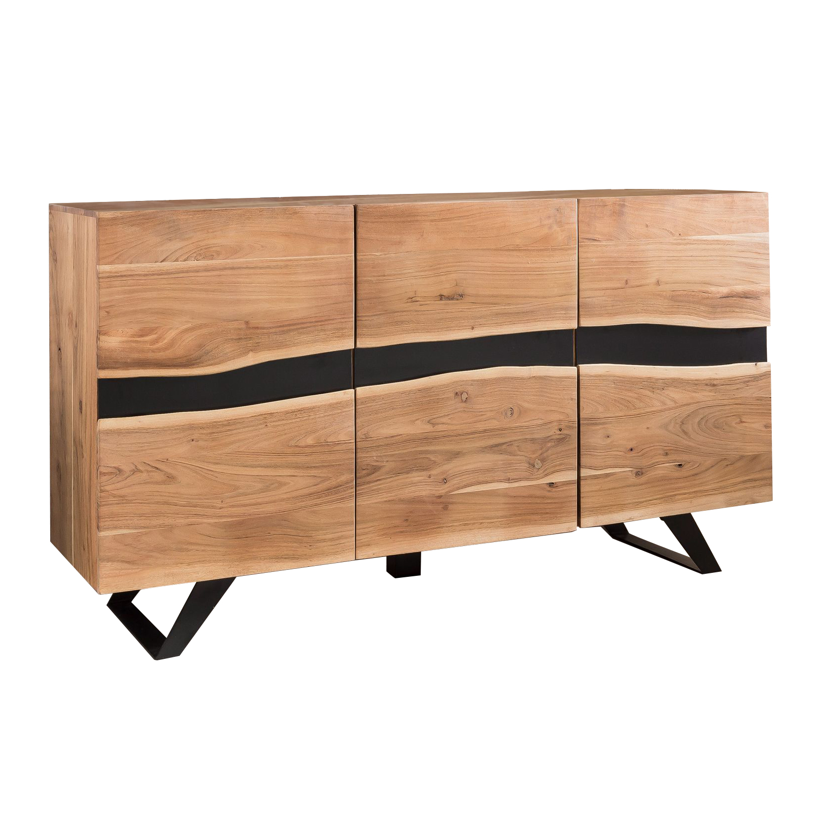 Massivholz Sideboard 150cm Akazie Natur Kommode mit 3 Türen Baumkante Metall schwarz – Ansicht 6