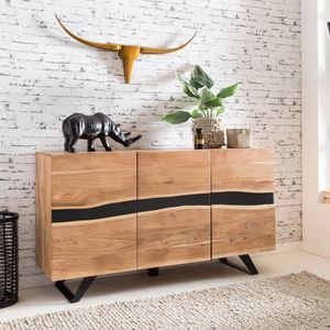 FineBuy Sideboard 148 x 85 x 43 cm Massiv-Holz Akazie Natur Baumkante Anrichte, Landhaus-Stil Highboard mit 3 Türen, Flur Schrank Kommode 4250950273238
