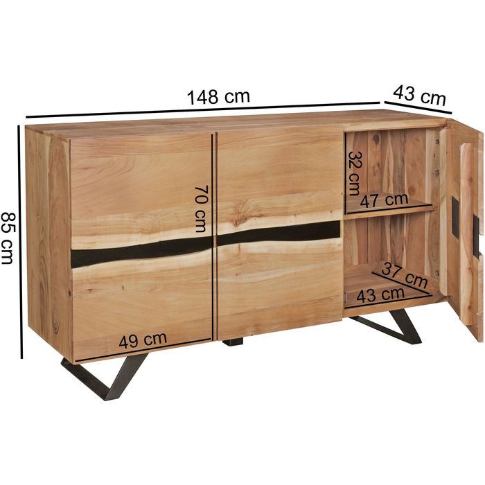 Massivholz Sideboard 150cm Akazie Natur Kommode mit 3 Türen Baumkante Metall schwarz – Maßzeichnung