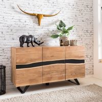 Massivholz Sideboard 150cm Akazie Natur Kommode mit 3 Türen Baumkante Metall schwarz – Ansicht 1