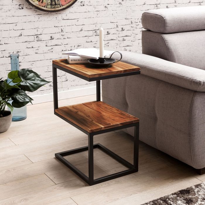 Beistelltisch S-Form Massivholz Metall Wohnzimmertisch Anstelltisch Landhaus
