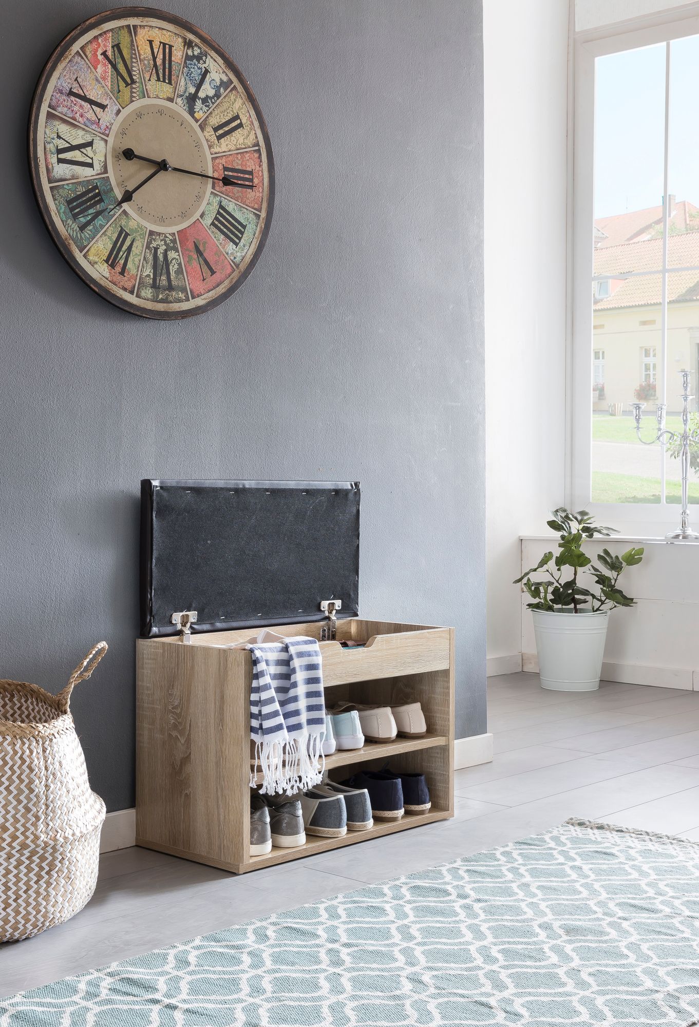 FineBuy Schuhbank mit Sitzfläche Garderoben-Bank Holz 60 x 40 x 30 cm, Holzbank klein gepolstert, Sitzbank schmal Flur mit Stauraum, Truhenbank Schuhtruhe Flurmöbel | Farbe: Weiß