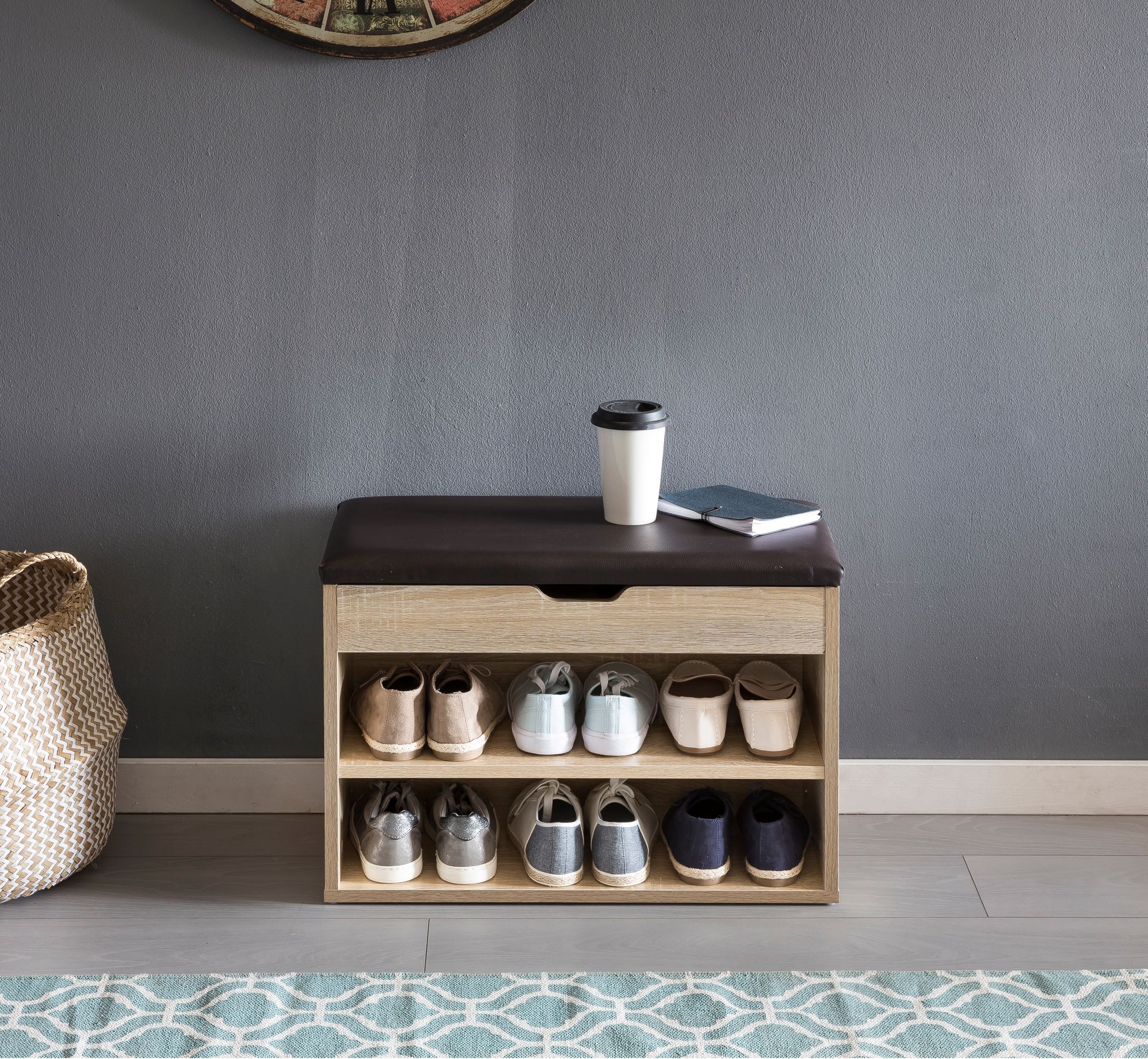 FineBuy Schuhbank mit Sitzfläche Garderoben-Bank Holz 60 x 40 x 30 cm, Holzbank klein gepolstert, Sitzbank schmal Flur mit Stauraum, Truhenbank Schuhtruhe Flurmöbel | Farbe: Weiß