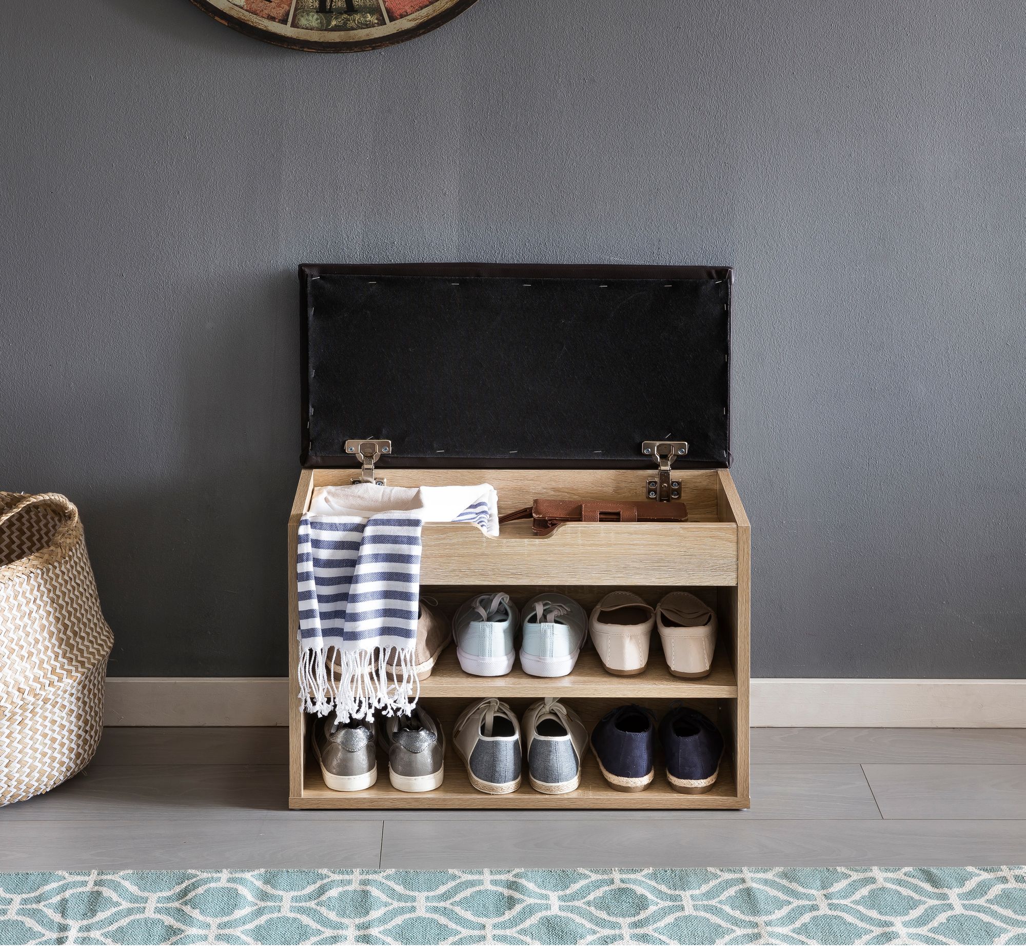 FineBuy Schuhbank mit Sitzfläche Garderoben-Bank Holz 60 x 40 x 30 cm, Holzbank klein gepolstert, Sitzbank schmal Flur mit Stauraum, Truhenbank Schuhtruhe Flurmöbel | Farbe: Weiß