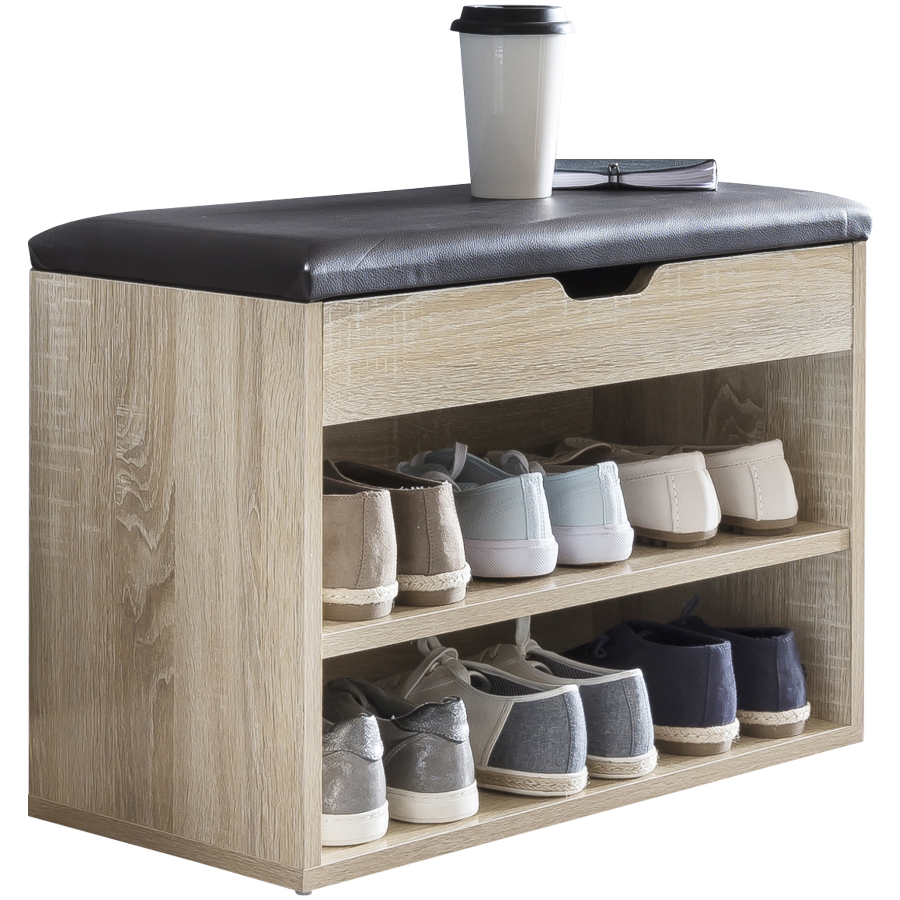 FineBuy Schuhbank mit Sitzfläche Garderoben-Bank Holz 60 x 40 x 30 cm, Holzbank klein gepolstert, Sitzbank schmal Flur mit Stauraum, Truhenbank Schuhtruhe Flurmöbel | Farbe: Weiß