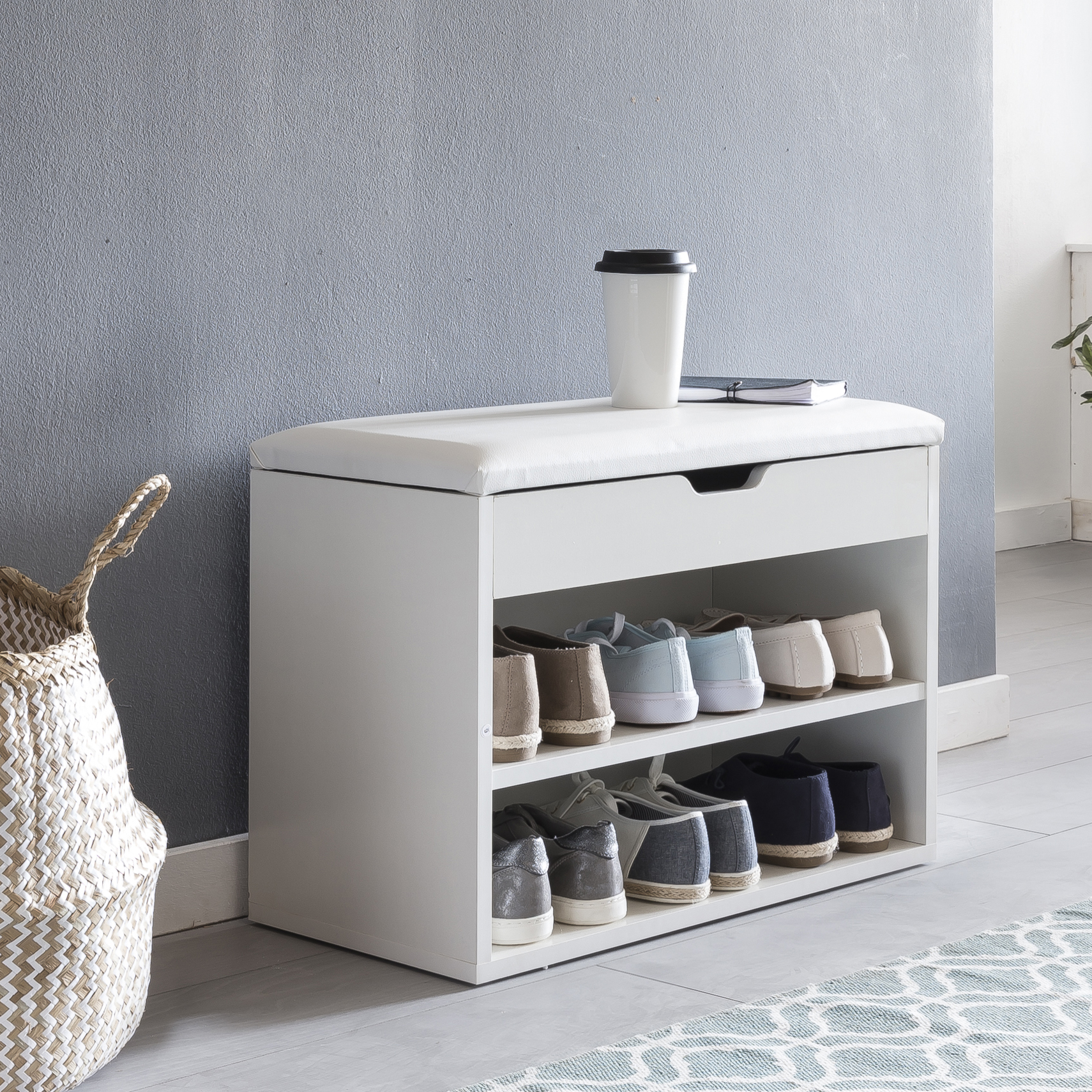 FineBuy Schuhbank mit Sitzfläche Garderoben-Bank Holz 60 x 40 x 30 cm, Holzbank klein gepolstert, Sitzbank schmal Flur mit Stauraum, Truhenbank Schuhtruhe Flurmöbel | Farbe: Weiß