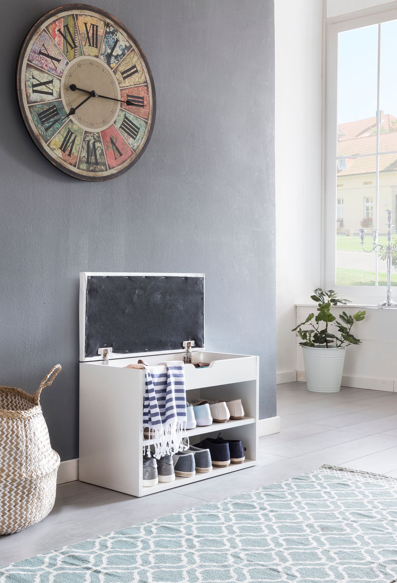 FineBuy Schuhbank mit Sitzfläche Garderoben-Bank Holz 60 x 40 x 30 cm, Holzbank klein gepolstert, Sitzbank schmal Flur mit Stauraum, Truhenbank Schuhtruhe Flurmöbel | Farbe: Weiß