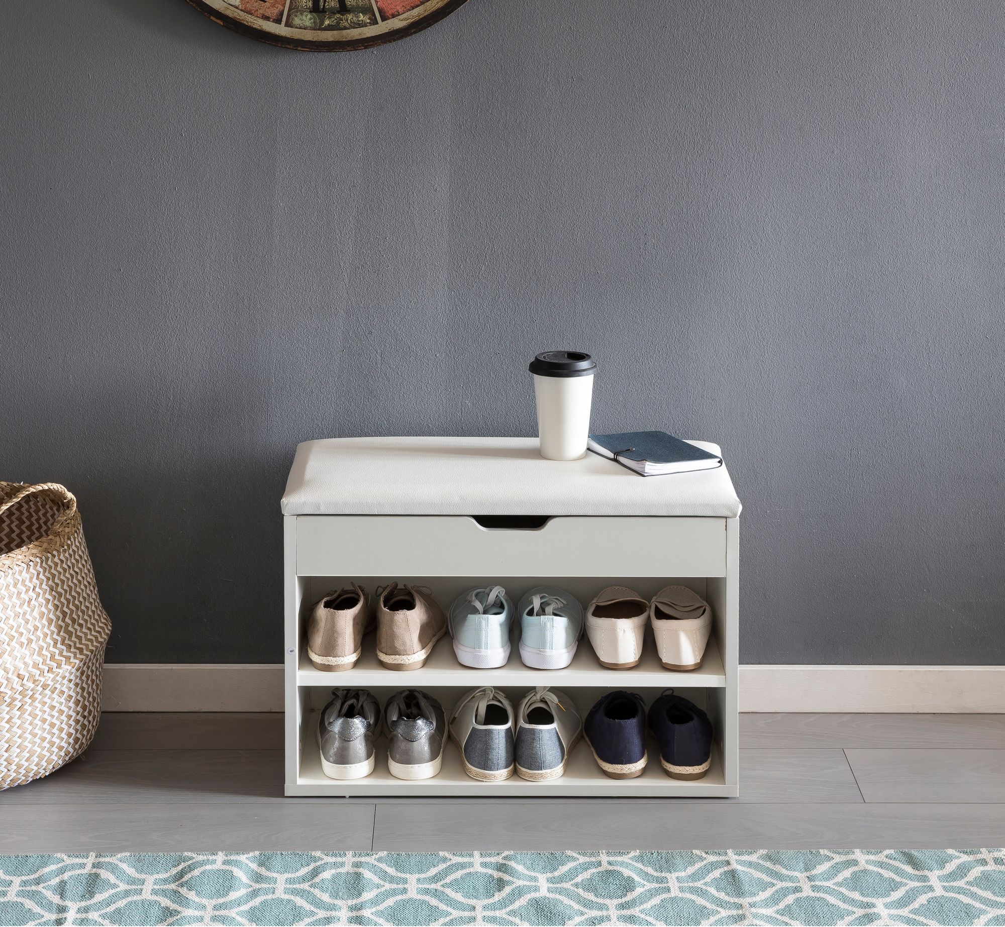 FineBuy Schuhbank mit Sitzfläche Garderoben-Bank Holz 60 x 40 x 30 cm, Holzbank klein gepolstert, Sitzbank schmal Flur mit Stauraum, Truhenbank Schuhtruhe Flurmöbel | Farbe: Weiß