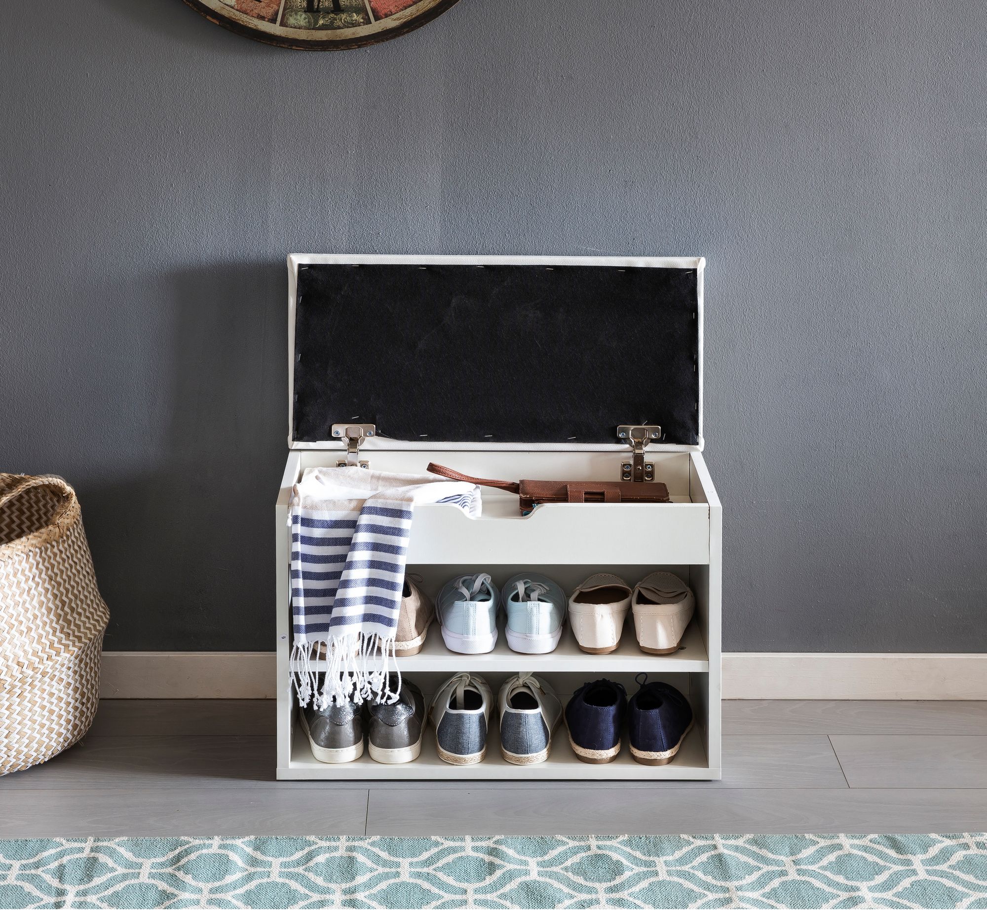 FineBuy Schuhbank mit Sitzfläche Garderoben-Bank Holz 60 x 40 x 30 cm, Holzbank klein gepolstert, Sitzbank schmal Flur mit Stauraum, Truhenbank Schuhtruhe Flurmöbel | Farbe: Weiß