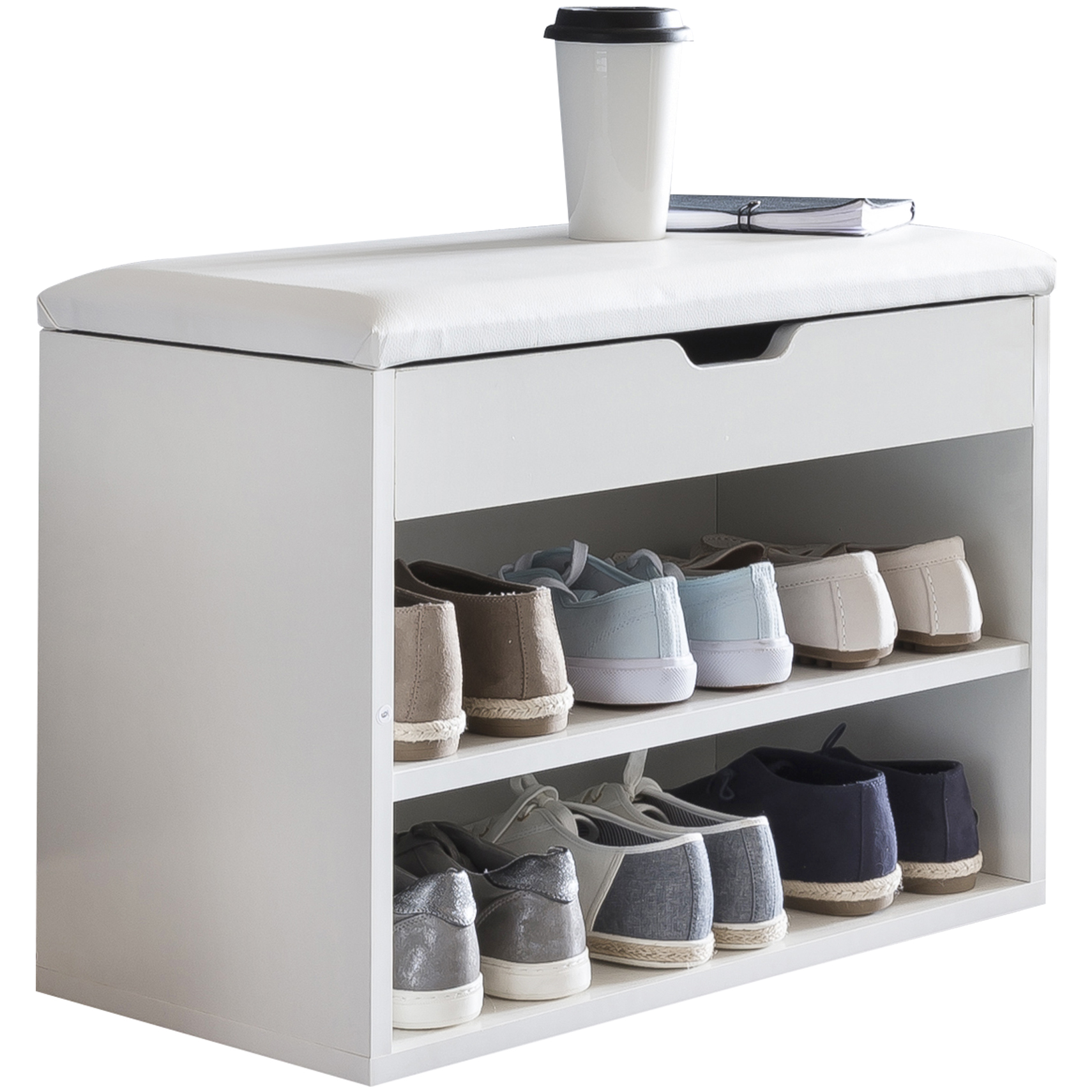 FineBuy Schuhbank mit Sitzfläche Garderoben-Bank Holz 60 x 40 x 30 cm, Holzbank klein gepolstert, Sitzbank schmal Flur mit Stauraum, Truhenbank Schuhtruhe Flurmöbel | Farbe: Weiß