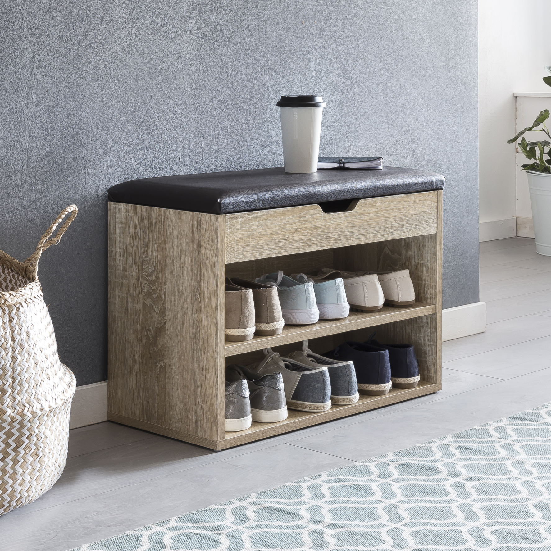 FineBuy Schuhbank mit Sitzfläche Garderoben-Bank Holz 60 x 40 x 30 cm, Holzbank klein gepolstert, Sitzbank schmal Flur mit Stauraum, Truhenbank Schuhtruhe Flurmöbel | Farbe: Weiß