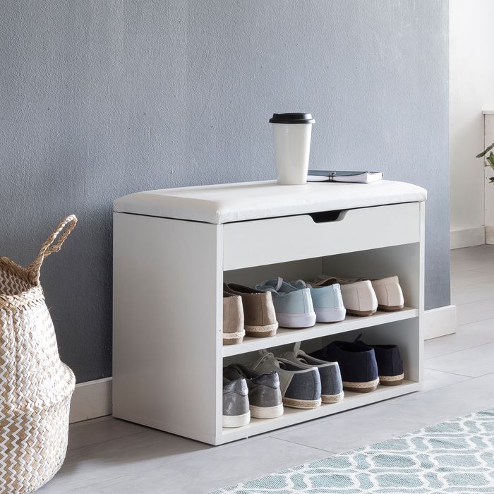 Schuhregal mit Klappdeckel und gepolstertem Sitz 60x30x40 cm Schuhbank Flurbank Garderobenbank