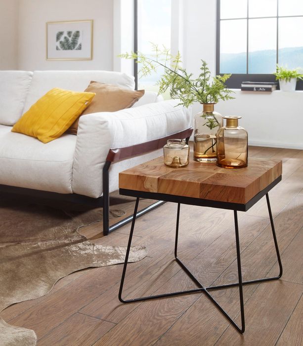 FineBuy Beistelltisch 45 x 45 x 51 cm Akazie Massivholz mit Metallgestell, Industrial Anstelltisch Quadratisch Massiv Holz Tisch Braun, Wohnzimmertisch Modern Holztisch mit Metallbeinen 4250950279445