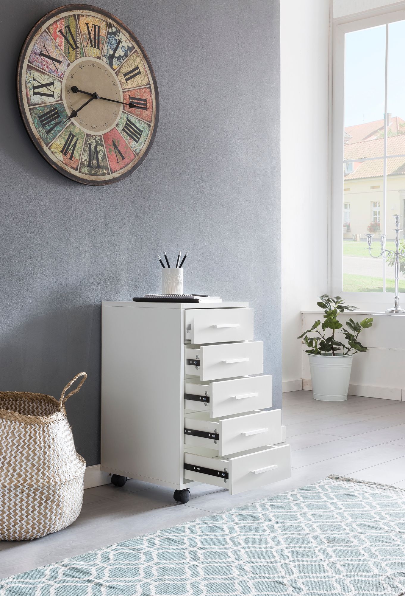 Finebuy Rollcontainer 33 x 63 x 38 cm Holz Schubladenschrank Schreibtisch, Büro Schrank mit 5 Schubladen, Container Rollschrank klein Standcontainer schmal, Schreibtischcontainer mit Rollen | Farbe: Weiß