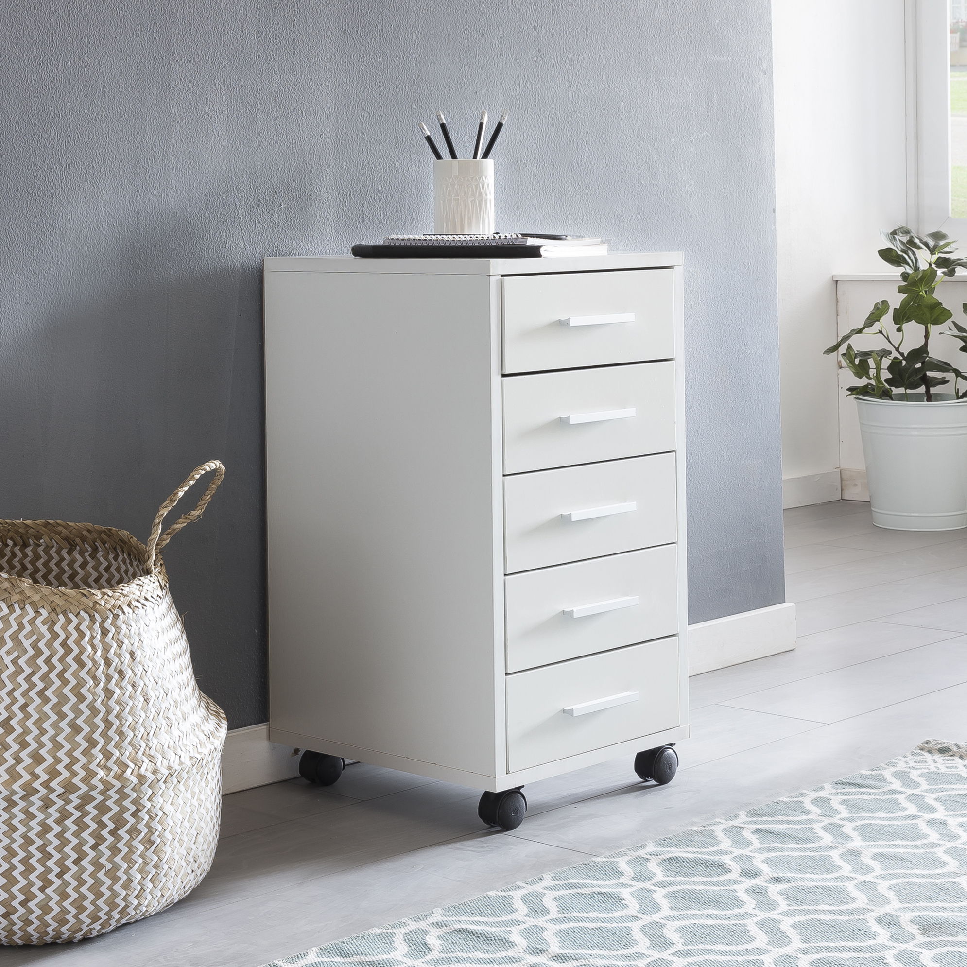 Finebuy Rollcontainer 33 x 63 x 38 cm Holz Schubladenschrank Schreibtisch, Büro Schrank mit 5 Schubladen, Container Rollschrank klein Standcontainer schmal, Schreibtischcontainer mit Rollen | Farbe: Weiß