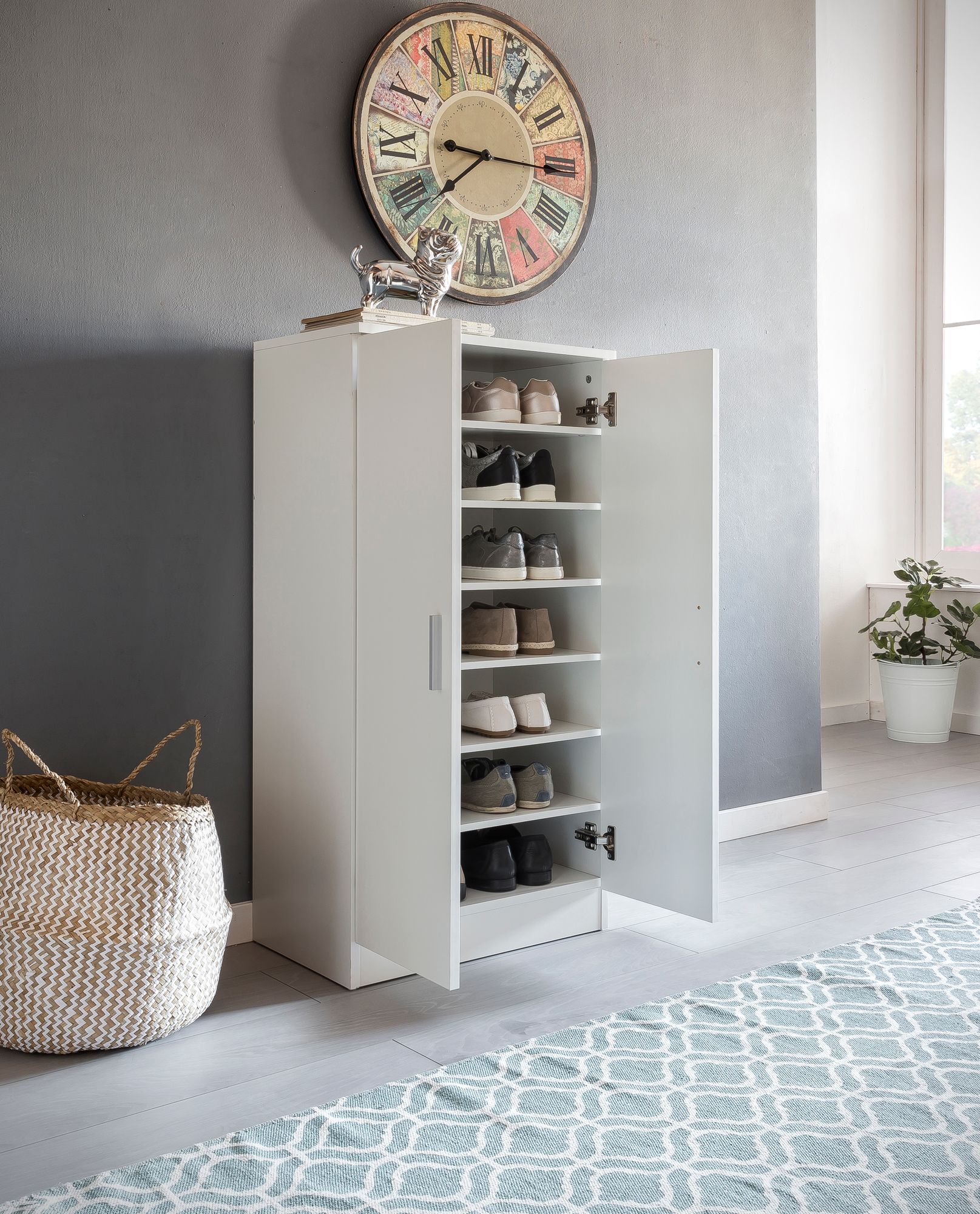 FineBuy Schuhschrank 7 Fächer für 14 Paar Schuhe 55 x 108 x 35 cm, Schuhkommode 2 Türen, Schuhregal Schrank Schuhständer Schuhe | Farbe: Weiß