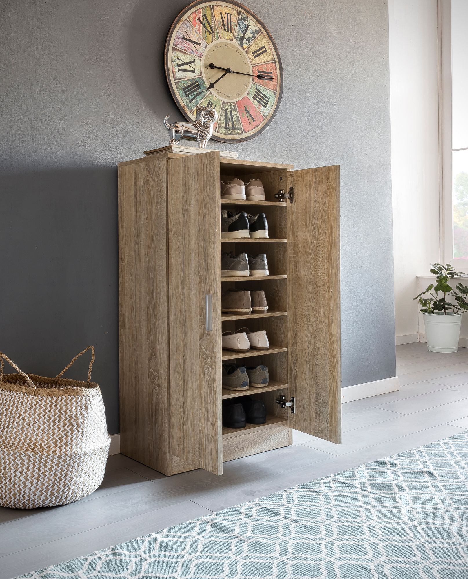 FineBuy Schuhschrank 7 Fächer für 14 Paar Schuhe 55 x 108 x 35 cm, Schuhkommode 2 Türen, Schuhregal Schrank Schuhständer Schuhe | Farbe: Weiß