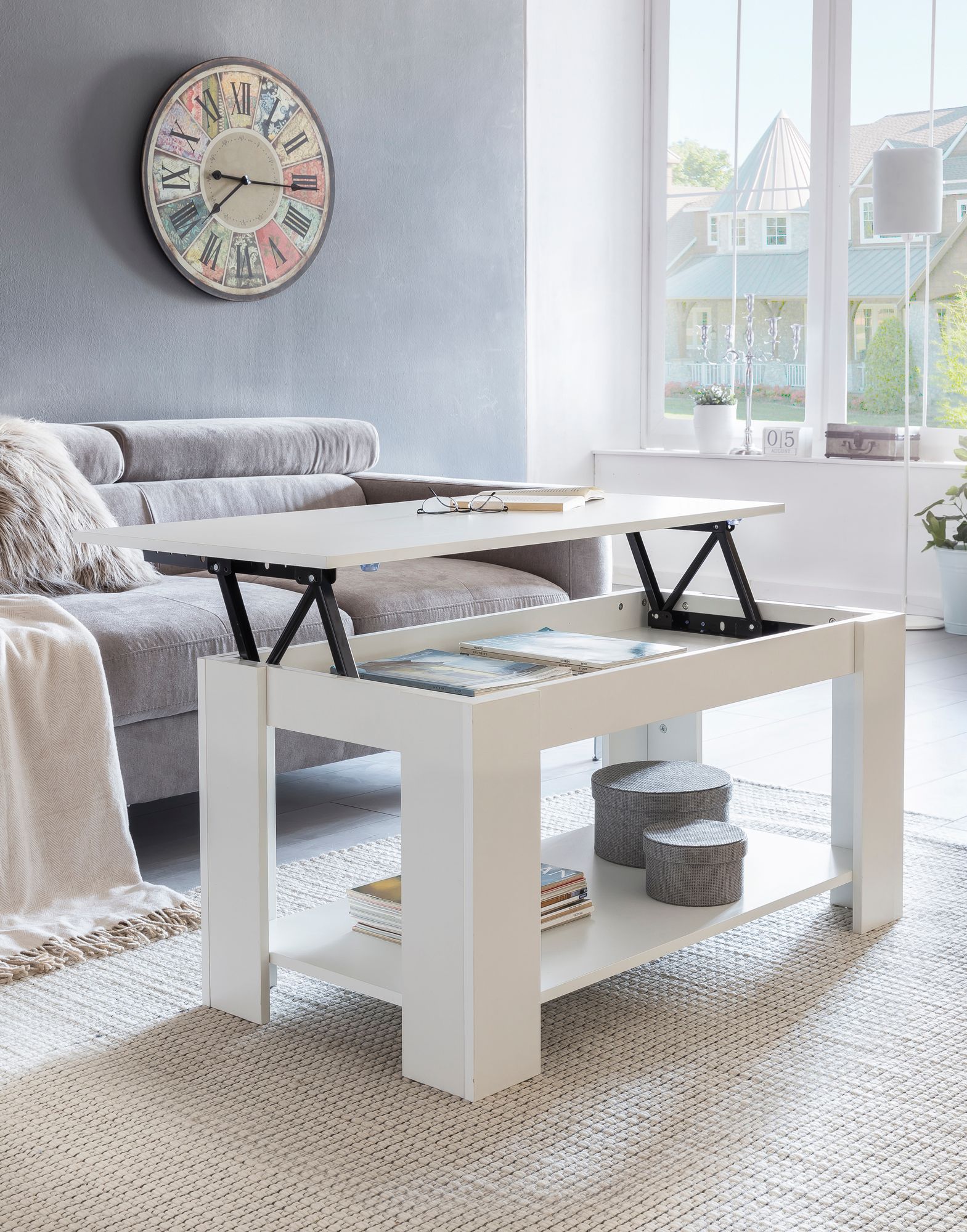 FineBuy Couchtisch LEYA Wohnzimmertisch Lift Funktion Weiß Ablage Funktionstisch eBay