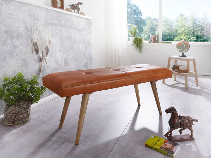 FineBuy Sitzbank Ziegenleder / Massivholz Bank 117 x 51 x 38 cm Retro Stil, 2er Polsterbank Flur, Gepolsterte Lederbank Esszimmer braun, Kleine Bettbank Echtleder, Dielenmöbel Flurbank 4250950282636