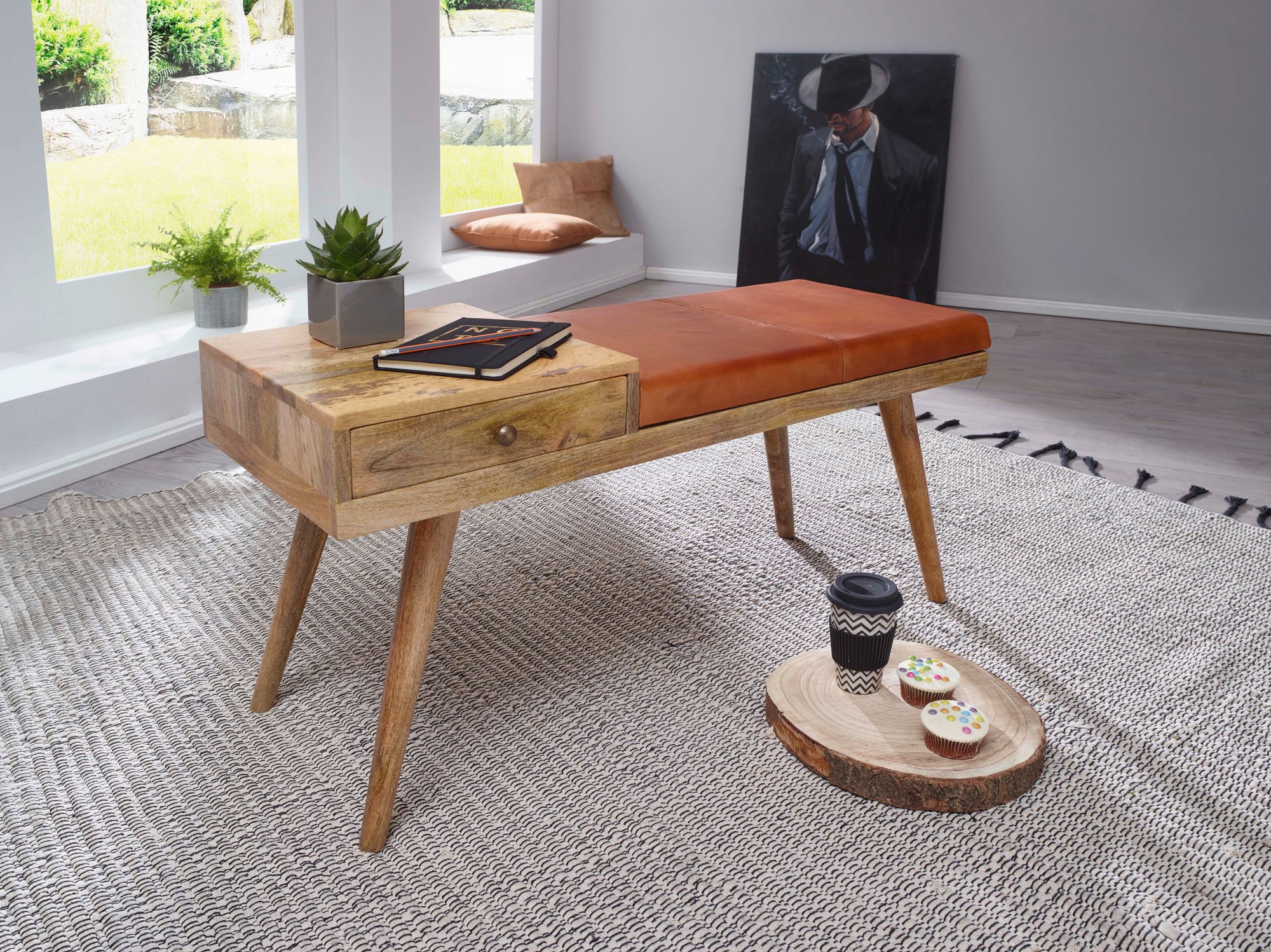 FineBuy gepolsterte Sitzbank 100 cm Massivholz Echtleder mit Schublade - Retro Polsterbank für Garderobe, Schlafzimmer, Wohnzimmer  - Garderobenbank Eingangsbereich | Farbe: Braun