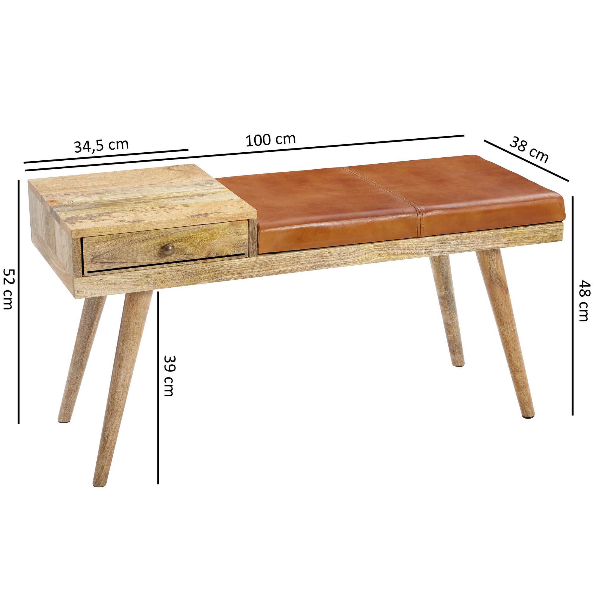 FineBuy gepolsterte Sitzbank 100 cm Massivholz Echtleder mit Schublade - Retro Polsterbank für Garderobe, Schlafzimmer, Wohnzimmer  - Garderobenbank Eingangsbereich | Farbe: Braun