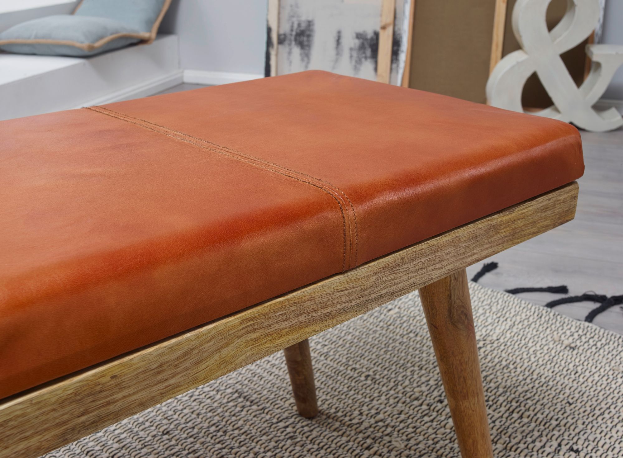 FineBuy gepolsterte Sitzbank 100 cm Massivholz Echtleder mit Schublade - Retro Polsterbank für Garderobe, Schlafzimmer, Wohnzimmer  - Garderobenbank Eingangsbereich | Farbe: Braun