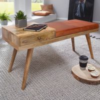 Sitzbank gepolstert 100cm Massivholz Echtleder Schublade Garderobenbank Flurbank – Ansicht 1