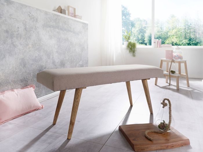 FineBuy Sitzbank Stoff / Massivholz Bank beige 117x51x38 cm im Retro Stil, 2er Polsterbank Flur, Gepolsterte Stoffbank Esszimmer braun, Kleine Bettbank Baumwolle, Flurbank Dielenmöbel schmal 4250950282681
