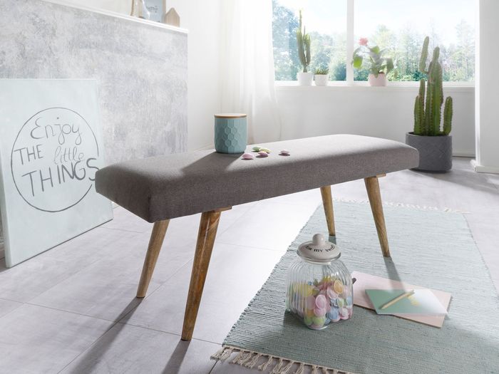 FineBuy Sitzbank Stoff / Massivholz Bank grau 117x51x38 cm im Retro Stil, 2er Polsterbank Flur, Gepolsterte Stoffbank Esszimmer braun, Kleine Bettbank Baumwolle, Flurbank Dielenmöbel schmal 4250950282698
