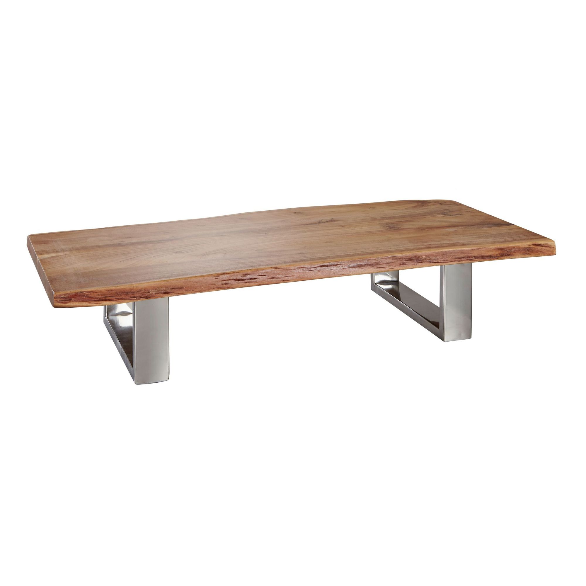 FineBuy Couchtisch 115 x 25 x 58 cm Akazie Massiv Holz Metallgestell groß, Baumstamm Wohnzimmertisch Massivholz Braun, Baumkante Sofatisch Landhaus Holztisch, Tisch Wohnzimmer Stubentisch | Farbe: Braun