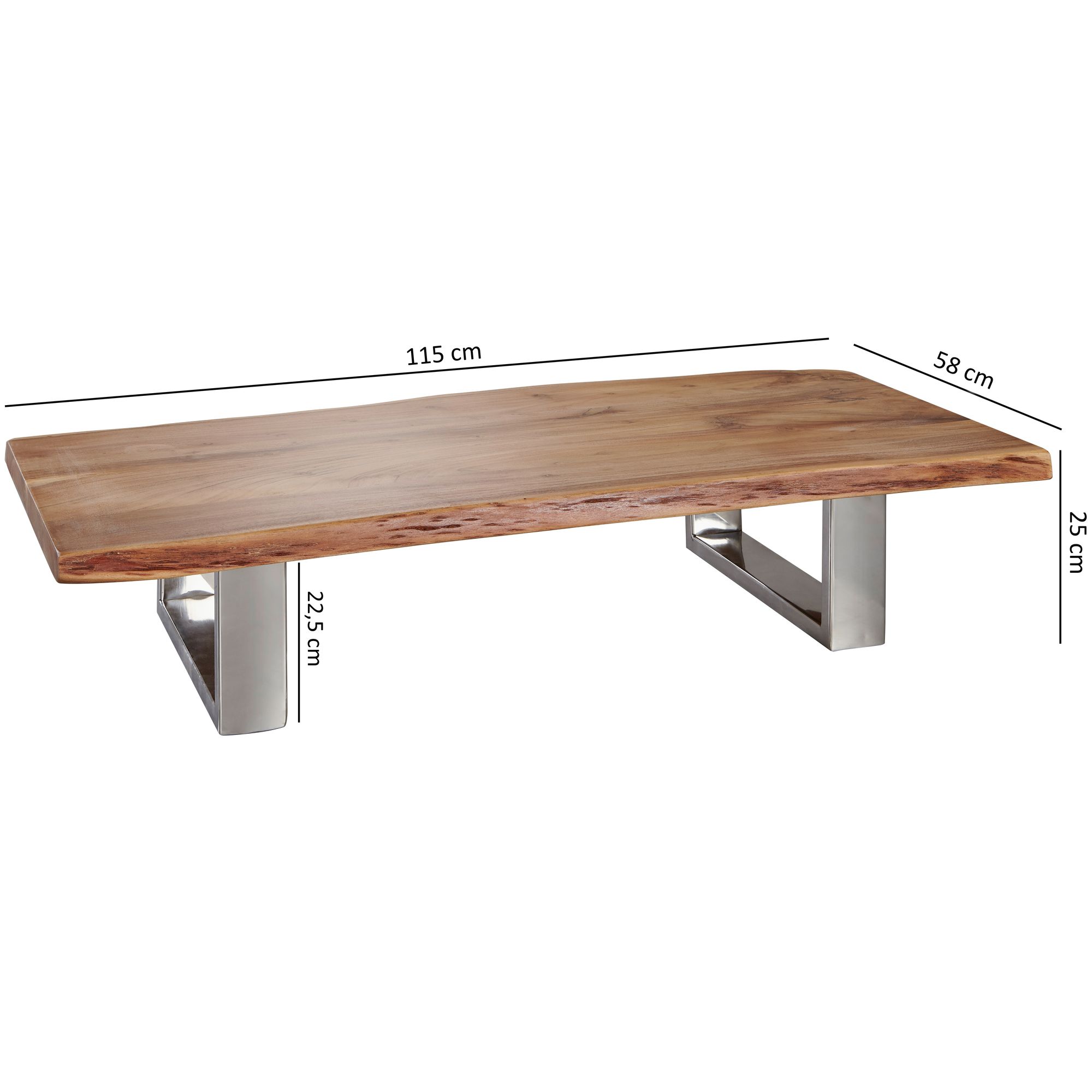 FineBuy Couchtisch 115 x 25 x 58 cm Akazie Massiv Holz Metallgestell groß, Baumstamm Wohnzimmertisch Massivholz Braun, Baumkante Sofatisch Landhaus Holztisch, Tisch Wohnzimmer Stubentisch | Farbe: Braun