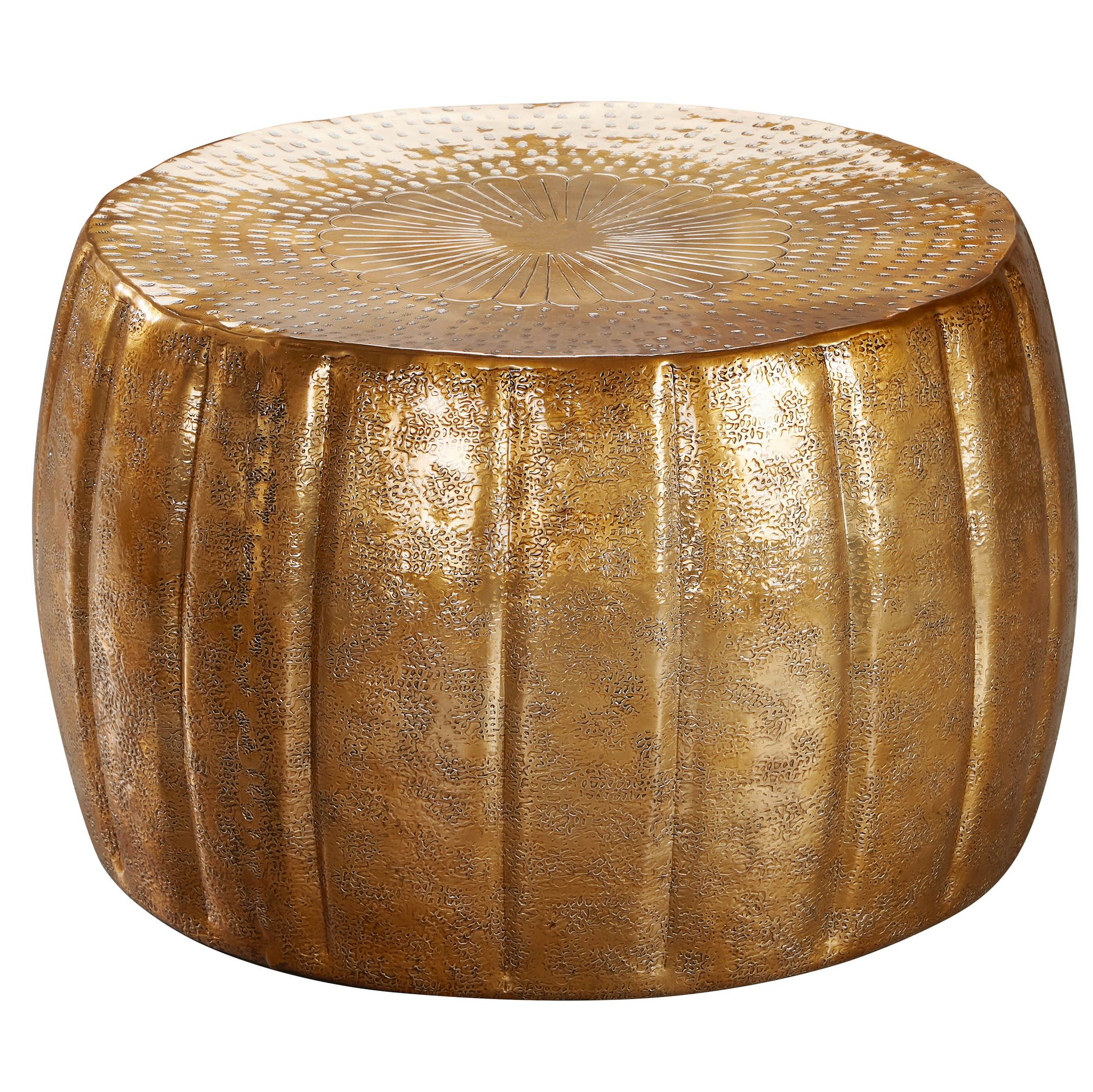 FineBuy Design Couchtisch rund 60 cm aus Metall - Handgefertigter Aluminium Wohnzimmertisch Hammerschlag - Orientalischer flacher Alu Sofatisch | Farbe: Gold