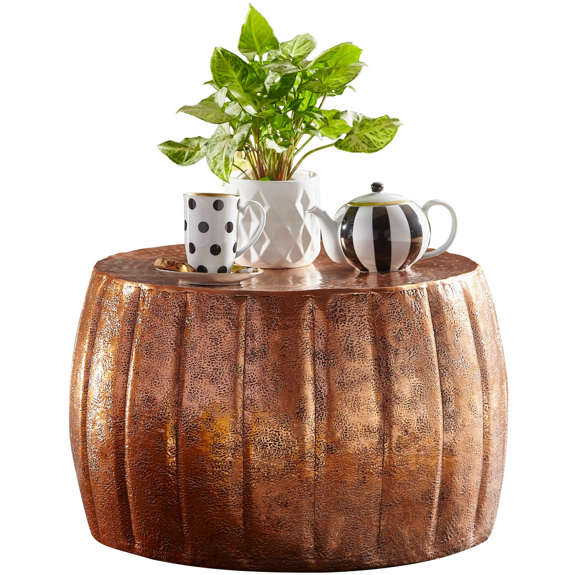 FineBuy Design Couchtisch rund 60 cm aus Metall - Handgefertigter Aluminium Wohnzimmertisch Hammerschlag - Orientalischer flacher Alu Sofatisch | Farbe: Gold