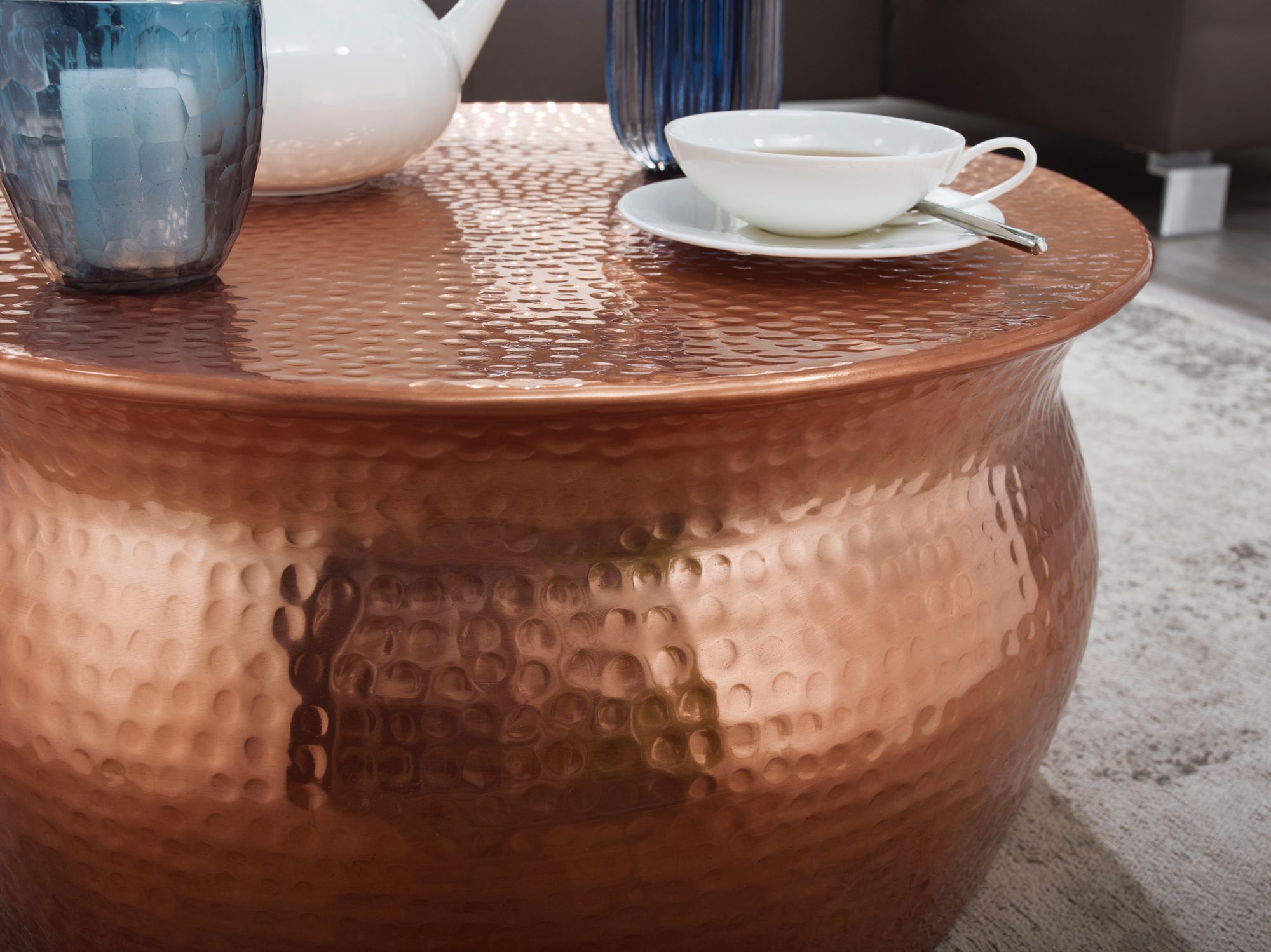 FineBuy Couchtisch rund 60 cm Metall - Design Aluminium Wohnzimmertisch handgefertigt - Orientalischer Alu Beistelltisch Wohnzimmer Tisch Hammerschlag | Farbe: Gold