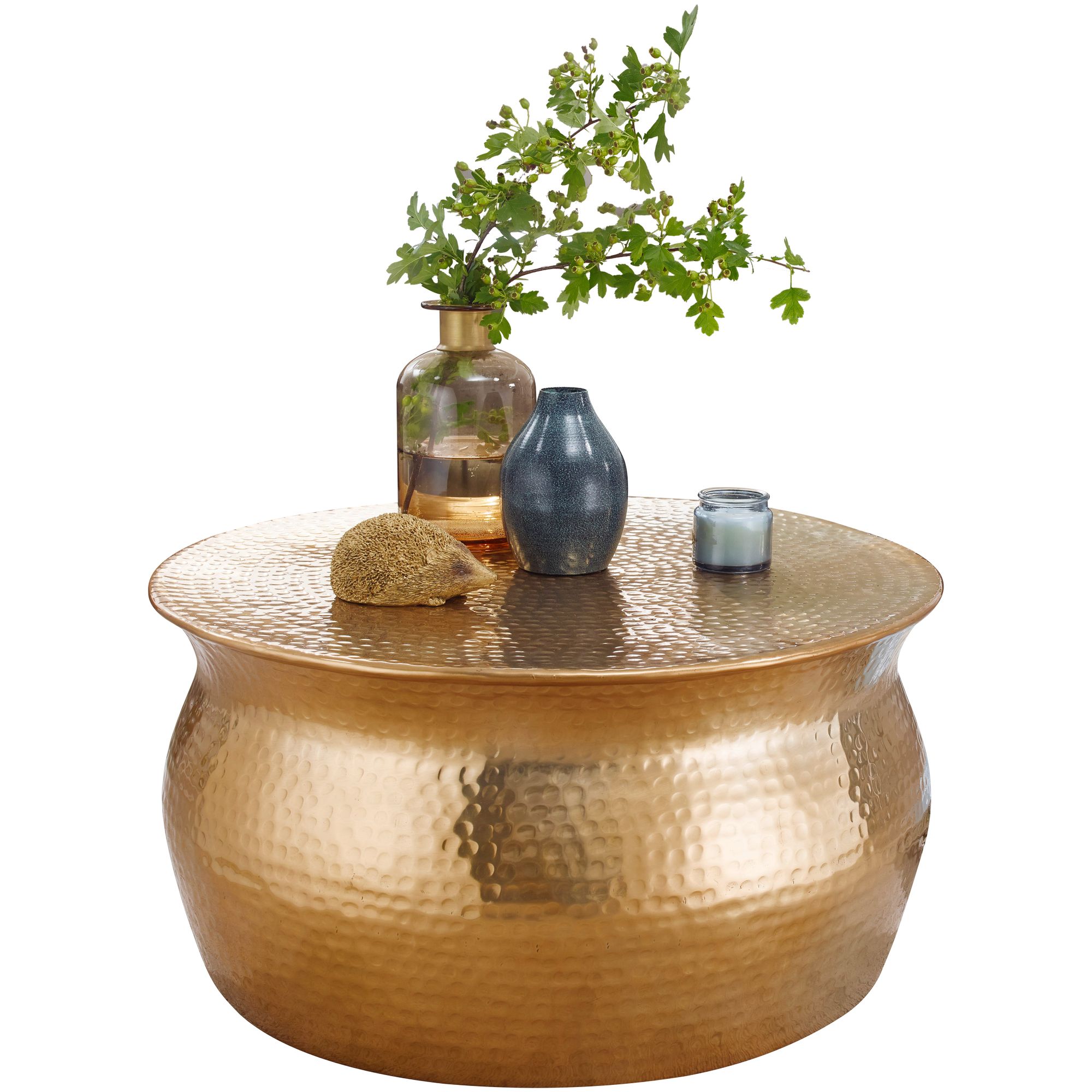 FineBuy Couchtisch rund 60 cm Metall - Design Aluminium Wohnzimmertisch handgefertigt - Orientalischer Alu Beistelltisch Wohnzimmer Tisch Hammerschlag | Farbe: Gold